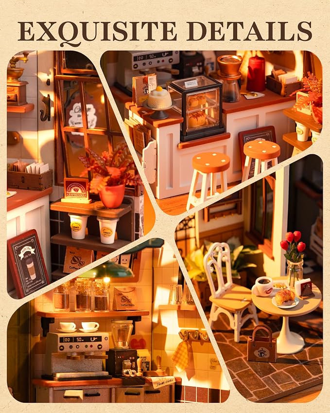 Robotime DIY Miniature House Kit, 1:18 Coffee Shop Diorama Dollhouse with LED Lights, 3D Wooden Puzzle Diorama for Adults, Craft Hobby Gift for Women Men Teens