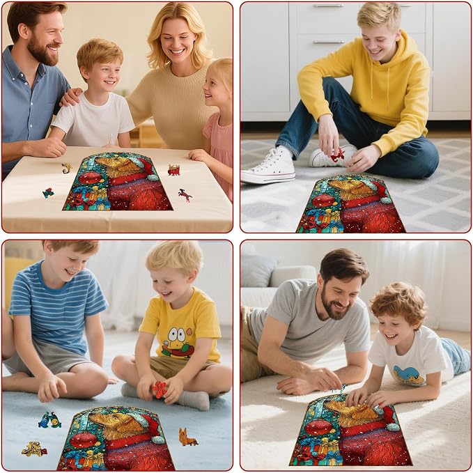 MEATRN Christmas Jigsaw Puzzles for Adults - Dog with Santa Hat 202 Pcs Unique Shaped Holiday Wood Puzzle with Wooden Storage Box, Festive Family Game Night for Art Lovers 8.9x12 Inch