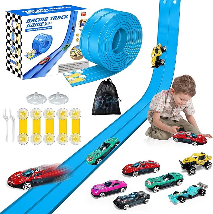 16Ft Flexible Race Track for Kids, Flex Track with 6 Hot Wheels Race Car Track Double-Side Track Toys Compatible with 16 Suction Cups, Storage Bag Rolls Up Race Tracks Birthday Gifts for Boys Girls