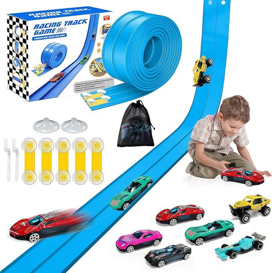 16Ft Flexible Race Track for Kids, Flex Track with 6 Hot Wheels Race Car Track Double-Side Track Toys Compatible with 16 Suction Cups, Storage Bag Rolls Up Race Tracks Birthday Gifts for Boys Girls