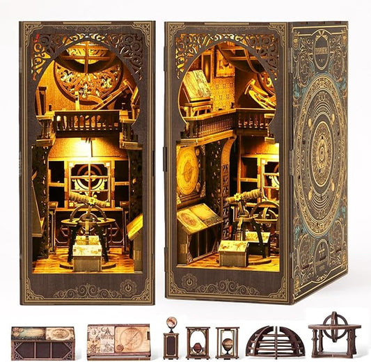 Book Nook Kit for Adult - Miniature Model Build Dollhouse Kit 3D Wooden Puzzle with Sensor Led Light for Bookshelf Bookend Insert Decor Adults Teen Crafts(Astronomy Museum)