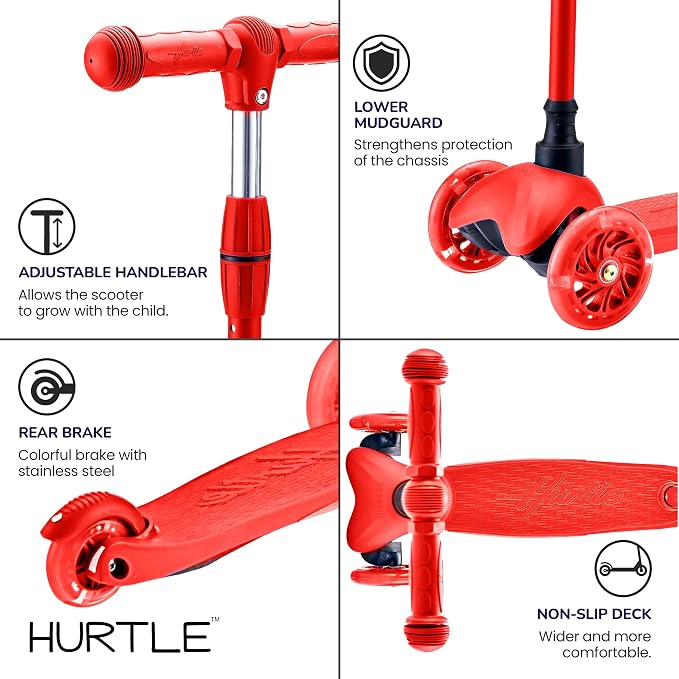 Hurtle Mini Kickboard 3 Wheel Scooter for Kids Ages 2-5 - Lean-to-Steer Toddler Scooter with Light-up LED Wheels, Adjustable Height & Rear Foot Brake for Boys. & Girls, Anti-Slip, Indoor/Outdoor