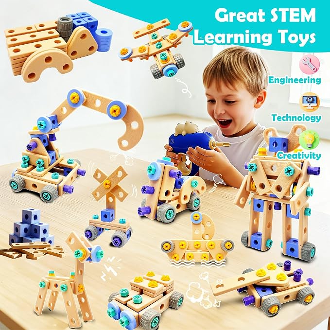 Kids STEM Building Toys For Ages 3-5 4-6 4-8 5-7 6-8 Years Old Boy Birthday Gift,101 Pcs Preschool Educational Construction Toys Tools Set With Drill,Toddler Design Drill Screw Toys (blue101)