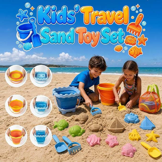Beach Sand Toys Set for Toddlers, Portable Travel Beach Toys with Collapsible Bucket, Shovel, Rake, Molds & Mesh Storage Bag for Kids, Summer Gift (Tangerine + Ocean Blue)