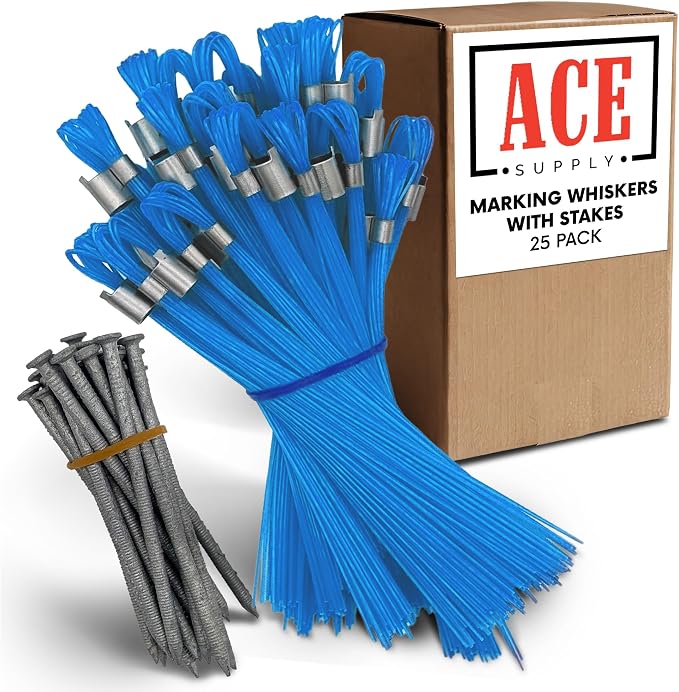 Blue Marking Whiskers With Stakes - 25 Pack - Durable Marking Whisker Set - Use Survey Whiskers As Ground Markers, Construction Markers, Or Trail Markers