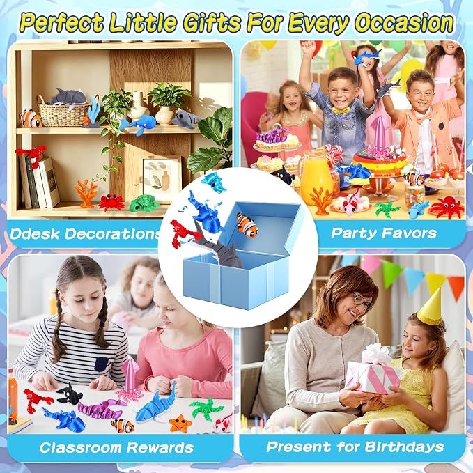 ywevyezc 25 Pcs 3D Printed Ocean Animals Set, Flexible Articulated Mini Sea Animal Figurines Fidget Toy Desk Pets, Ideal for Party Favors Birthday Gifts Office Desktop Home Decor