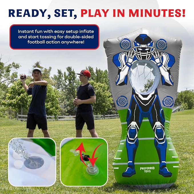 Preferred Toys 65” Inflatable Football Target Net Toss Game - Double-Sided Throwing Practice Football Stuff with Mini Balls - Backyard Tailgate Party Sports Toy for Kids & Adults