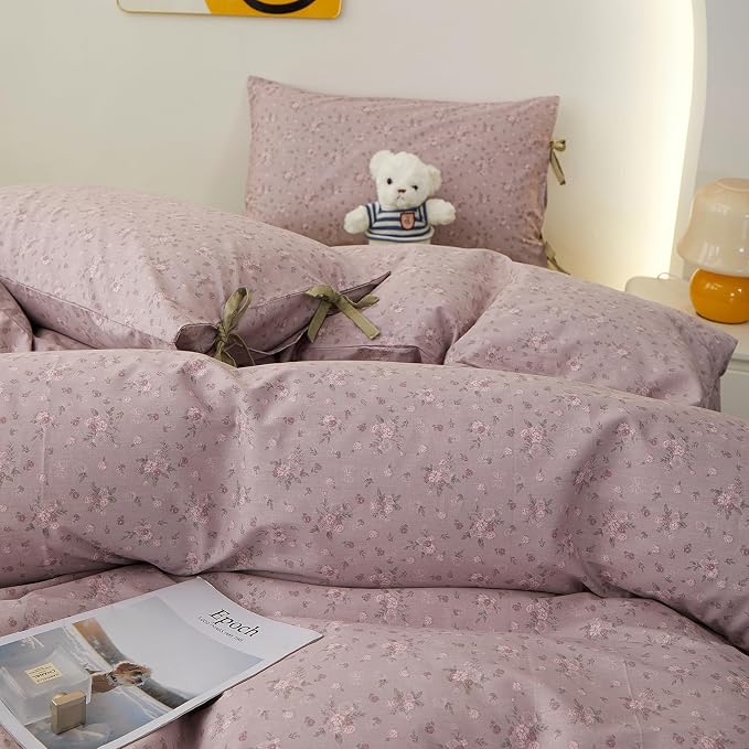 Purple Floral Comforter Set Full Size, 3 Pieces Cottagecore Aesthetic Cute Flowers Comforter Set for All Seasons, Coquette Floral Mauve Bedding Vintage Botanical Comforter with 2 Bow Ties Pillowcases