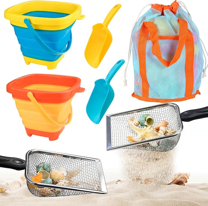 Beach Sand Toys Set for Kids, 2-Pack Collapsible Sand Buckets with 2 Metal Sifter & 2 Plastic Shovels & Mesh Bag | for Easter Egg Hunt Shell Collecting Castle Building Summer Travel