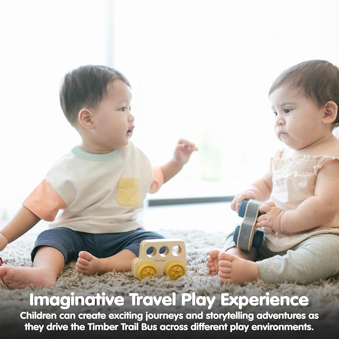 PlanToys® Wooden Timber Trail Bus | Montessori Push and Roll Toy for Fine Motor Skills, Coordination and Cause and Effect Learning | Eco Friendly Toy Vehicle for Imaginative and Active Play