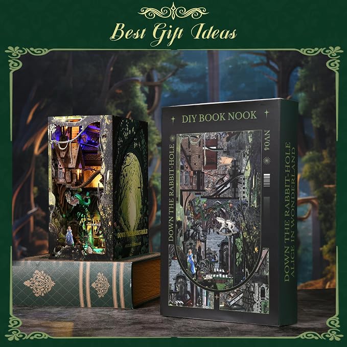 MiniCity DIY Book Nook Kit, DIY Miniature Dollhouse with Lights for Adults and Teens (Down The Rabbit-Hole Alice in Wonderland)