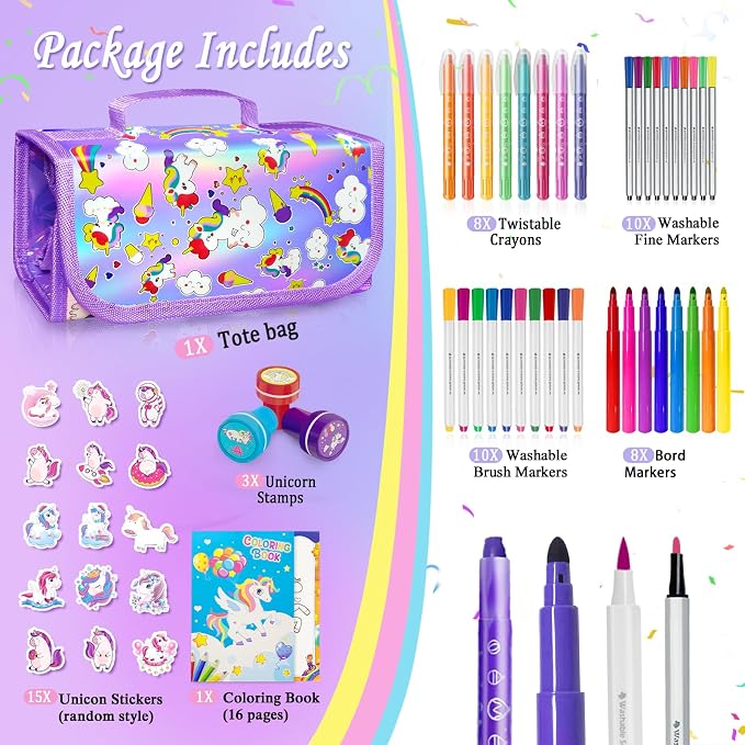 weirtoya 56 PCS Washable Scented Markers with Glitter Pencil Case, Mermaid Unicorn Arts and Crafts for kids 4-6-8 Kids Coloring Drawing Kits for 4-8 Years Old Girls (Purple, 56)