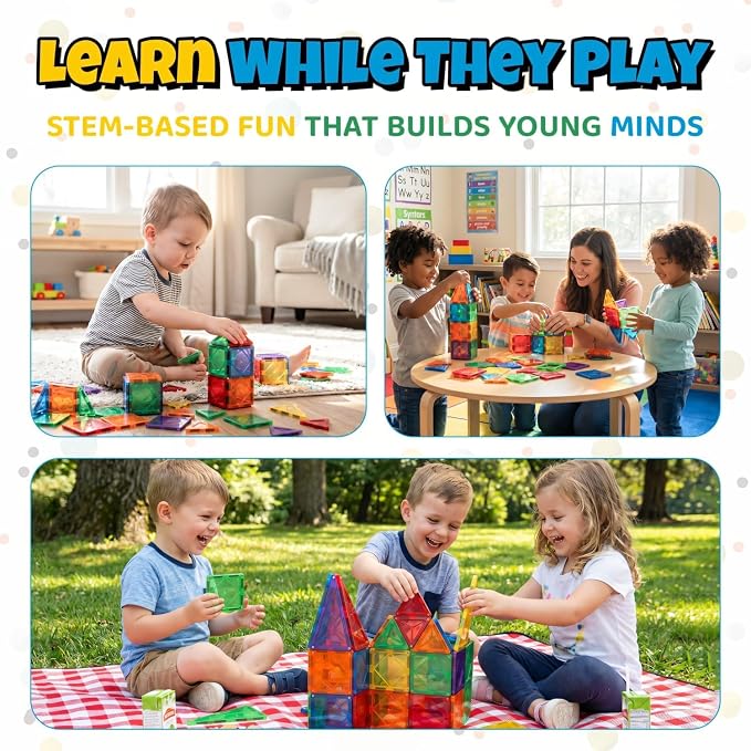 IMAGINATION Magnetic Tile 100 Piece Set for Kids Ages 3–12, Large 3-Inch STEM Building Blocks, Montessori Educational Toy for Boys and Girls
