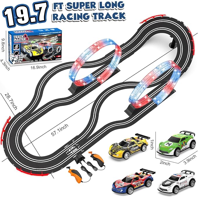Slot Car Race Track Sets with 4 Slot Cars, 2 in 1 Electric Race Car Track Include Slope Circular Overpass Track, Dual Racing Game Featuring Flash Tracks, Gifts Toys for Boys Kids Age 6 7 8-12