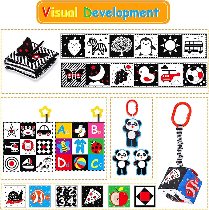 4 PCS Black and White High Contrast Baby Toys 0-3-6 Months Newborn Essential Toy for Babies Crinkle Sensory Book Brain Development Tummy Time Mirror Infant Carseat Rattle Shower Easter Gifts Boy Girl
