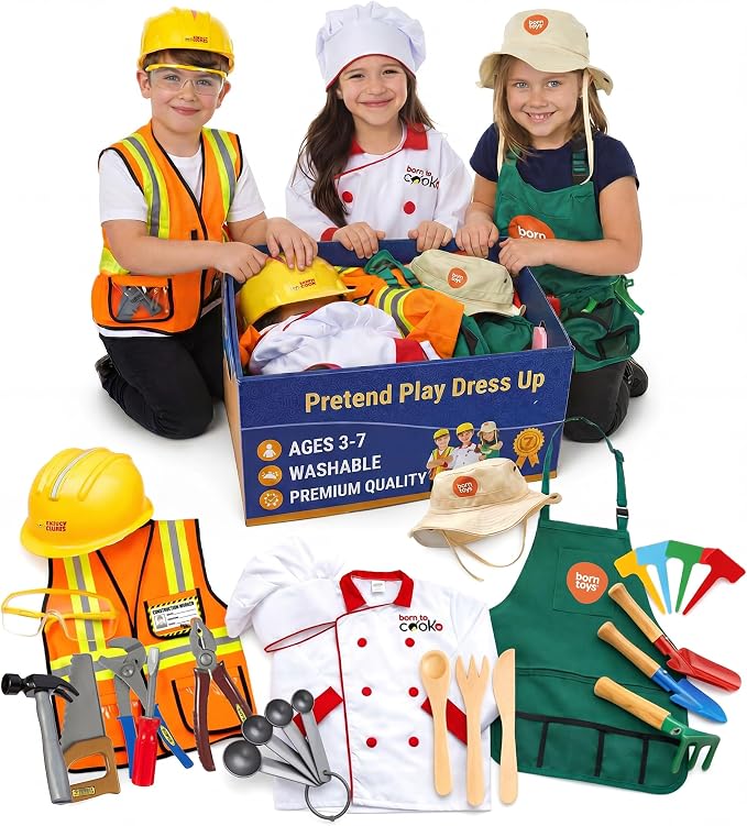 Born Toys 3-in-1 Toddler Dress Up Clothes for Boys & Girls Ages 3-7, Pretend Play Career Outdoor Adventure Set