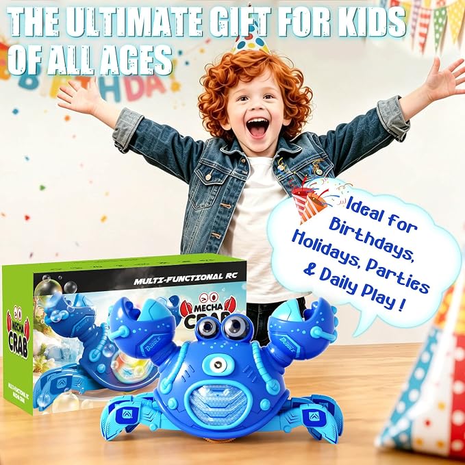 Gretex Crab Bubble Machine for Kids 3-6 Year Old: Remote Control Bubble Machine With Mist Spray Led Lights Music, AutoWalking Bubble Toy, Bubble Maker for Toddler Boys Girls Indoor Outdoor Party, Blue
