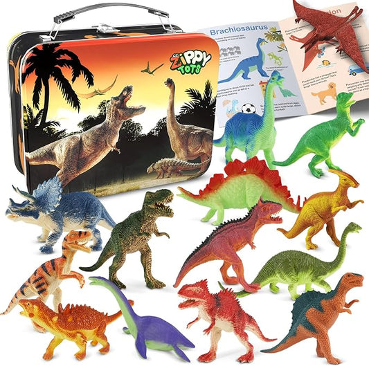 Zippytots Dinosaur Toys for Kids 3-5-7-14 Realistic Plastic Dinosaur Figures with Metal Storage Box & Learning Booklet - Educational Dino Figure Toys for Boys Girls Toddlers