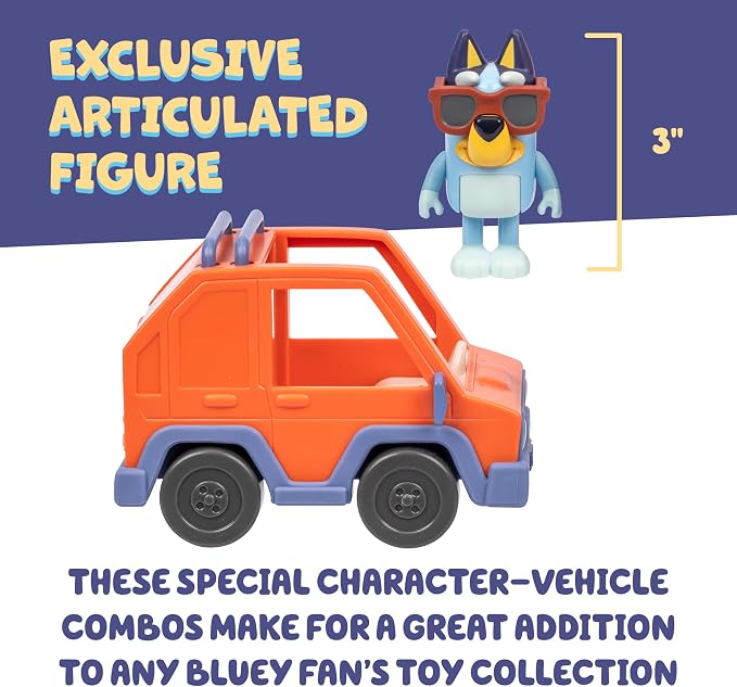 Bluey Basic 4WD Toddler Toy Car, 3” Articulated Figure with Flip-Up Sunnies, Immersive Car Toys for Kids of Age 3+