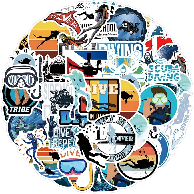 QTL Diving Stickers for Teens Adults, Diving Party Supplies, Waterproof Vinyl Stickers for Water Bottles and Laptop, 55PCS
