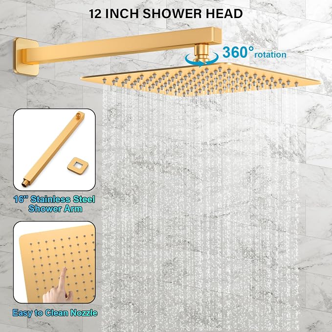FPXRNG Gold Shower Faucet Set, Rainfall Shower System with Rain Shower Head and Handle Set, Wall Mounted Shower Fixtures, Full Metal Trim Repair Kit 12 inch Paint Gold (With Shower Valve)