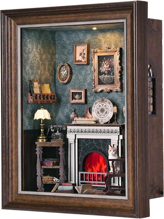 Book Nook Kit - 3D Wooden Puzzle with LED Switch Control & Wall-Mountable Frame,DIY Miniature House for Beginners,Bookshelf/Tabletop/Wall Decor for Craft Lovers,Dollhouse Gift,Fireplace