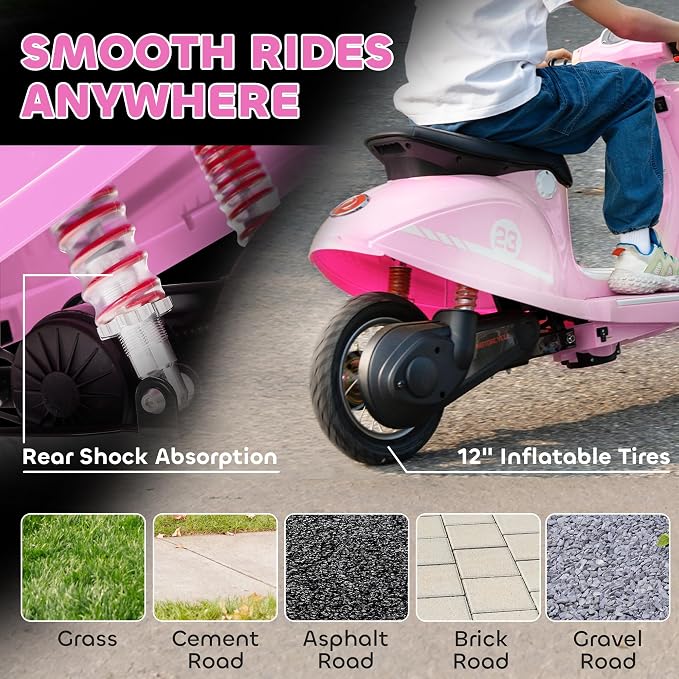 Qaba 24V Kids Motorcycle, Electric Motorcycle with 250W Motor, 3.7-9.9 mph, 7AH Batteries, 12" Inflatable Tires and Rear Suspension, Battery Powered Ride On Toy with LED Lights for 8-12 Years, Pink