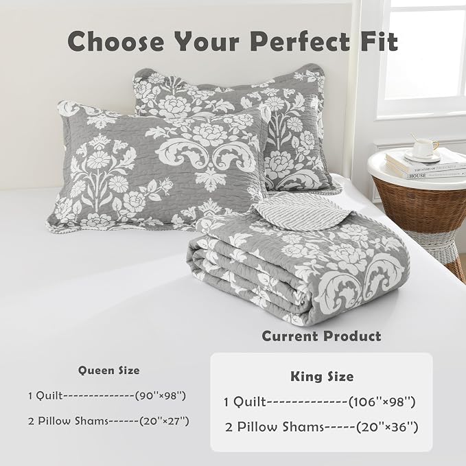King Size Quilt Set - 100% Cotton Grey Quilt Set, Gray Floral Pattern Farmhouse Bedspread Set, King Lightweight Reversible King Quilt Bedding Set for All Season,Gray Grey White, 3-Piece