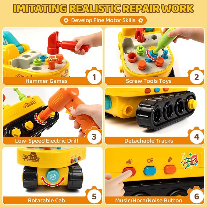 Toys for 2 Year Old Boys: Toddler Tool Set, Excavator Take Apart Toys with Electric Drill, Screwdriver, Wrench, Learning Pretend Construction Toy for 2 3 Years Old Kids Birthday Gift, Musical, Light