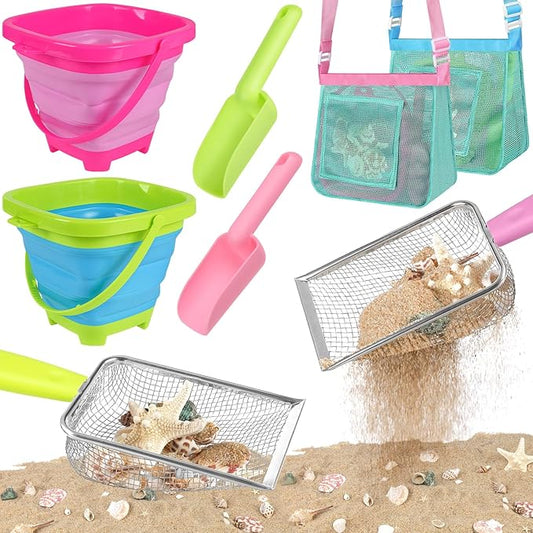 Beach Shell Collecting Set, Sand Toys with 2 Collapsible Buckets, Shark Tooth Sifters, Sand Scoops, Mesh Bags, Outdoor Exploration Tools & Treasure Hunt Toys for Kids, Family Beach Vacation Essentials