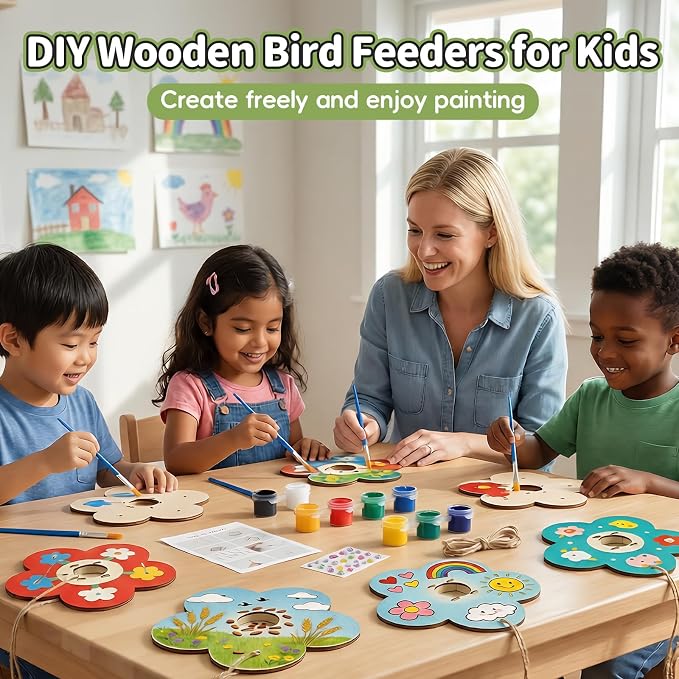 12 Pack Bird Feeder Craft Kits for Kids Ages 3-5 4-8 8-12, DIY Unfinished Wooden Art Painting Kits, Outdoor Bulk Toys for Easter, Christmas, Party Favors