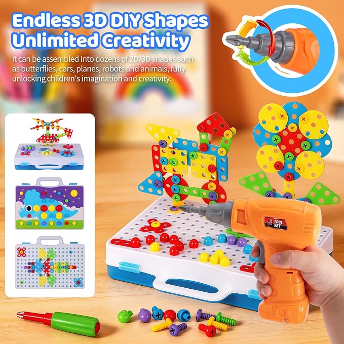 224 PCS STEM Building Toys for Kids Ages 4-8, Creative Mosaic Drill Set with Electric Drill & Screwdriver, 2D/3D Building Blocks Kit, Educational Birthday Gift for 5 6 7 8 9 10 Year Old Boys Girls