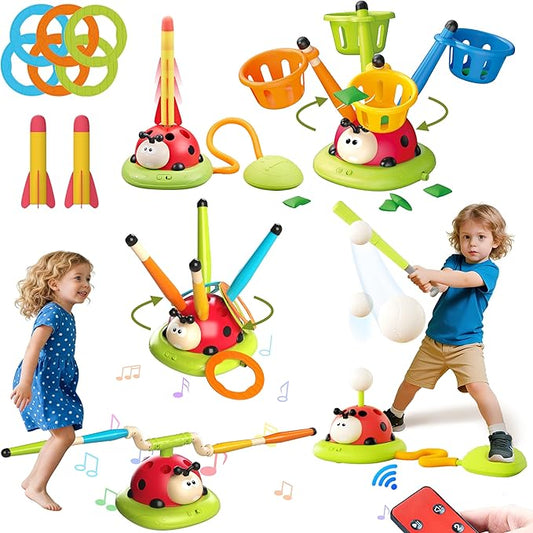 5 in 1 Musical Jump, Bean Bag Toss Ring Game, Baseball Toys and Stomping Launch Rocket Launcher for Kids Remote Control Indoor Outdoor Sports Toys for Kids Ages 4-8 3-5 Birthday Easter Gifts