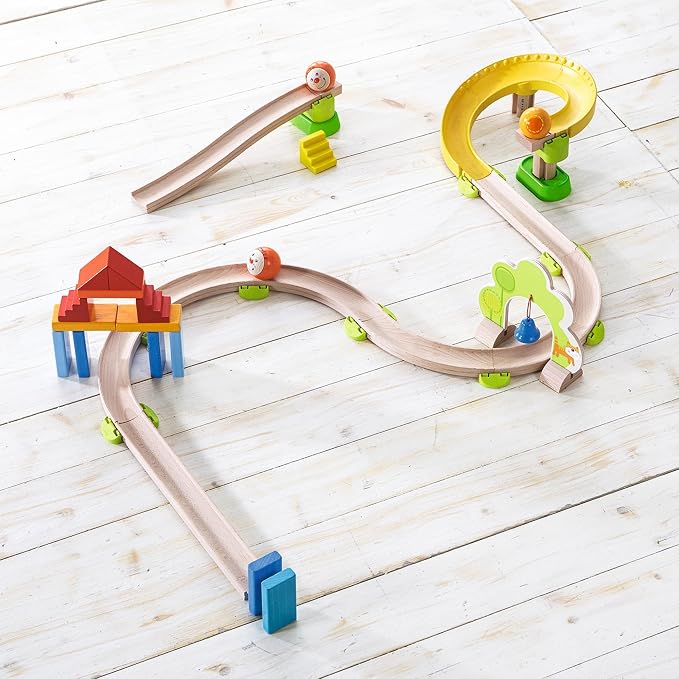 HABA Ball Run - Kullerbu Spiral Track, 26 Piece Wood & Plastic Marble Run Set with Wild Curves & Bell for Kids 2-6, STEM Toy Marble Maze Building Set