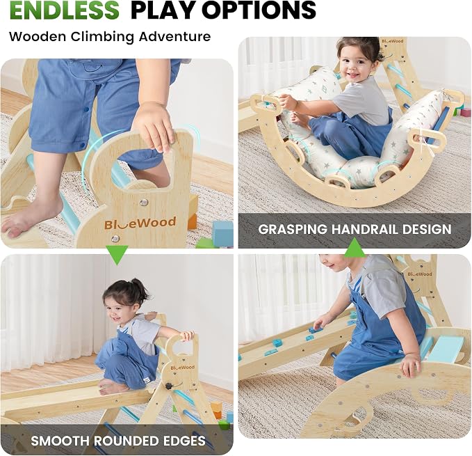 BlueWood Pikler Triangle Set with Cushion - Climbing Toys for Toddlers 9-in-1, Montessori Philosophy Play Jungle Gym with Arch, Ramp, Ladder (Blue)