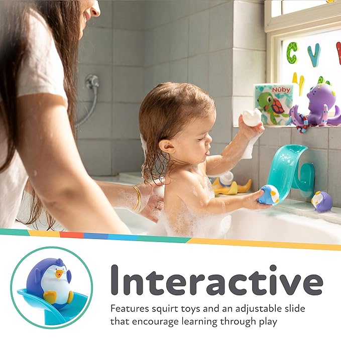 Nuby Penguin Slide Bath Toy Play Set with 4 Bath Squirters - Baby Bath Toys for Boys and Girls 12+ Months - Suction Cup Toy Attaches to Shower Wall