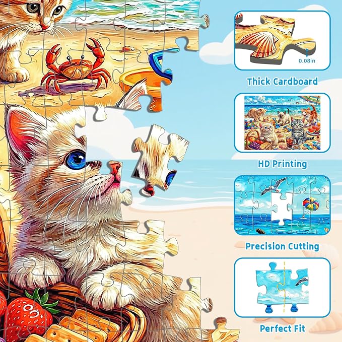 Puzzles for Kids Ages 6-8 8-10, 200 Piece Jigsaw Puzzles for Kids and Adults - Beach Kitten, Learning Educational Puzzles Toys for Boys and Girls