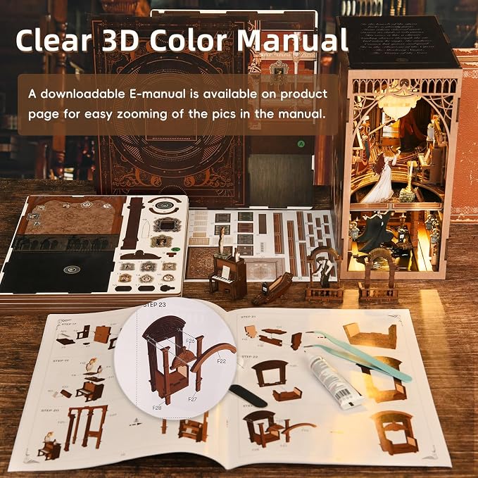 MiniCity DIY Book Nook Kit for Adults, 3D Wooden Puzzle Bookend Bookshelf Insert Decor with LED Light and Dust Cover (Phantom of The Opera)