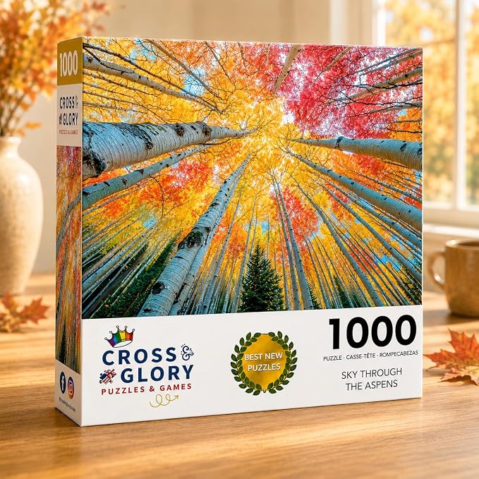 Cross & Glory - Sky Through The Aspens - 1000 Piece Jigsaw Puzzle for Adults | Golden Autumn Forest Puzzle | Vibrant Fall Nature Artwork Premium Ribbon-Cut