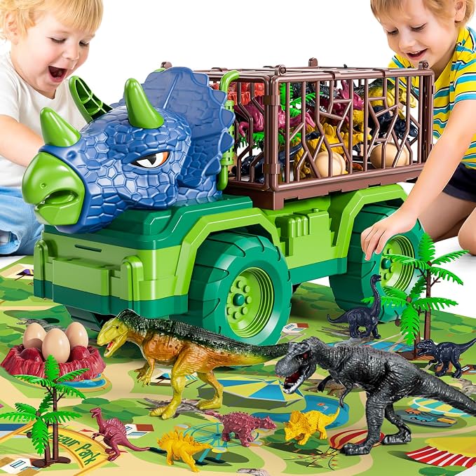 Dinosaur Toys for Kids 3-5, Dinosaur Transport Truck Car Set with 8 Dinosaur Figures & Play Mat, Gift for 2 3 4 5 6 7 Year Old Toddler Boys