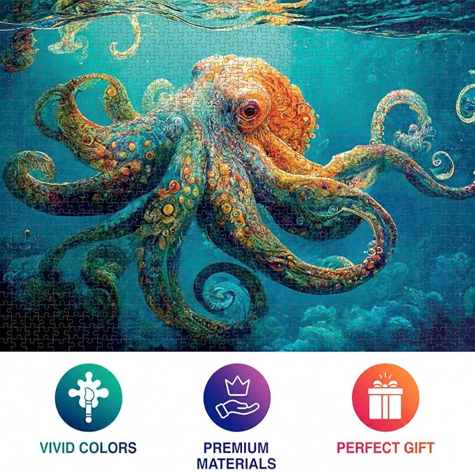 Cross & Glory | Jigsaw Puzzles 1000 Pieces for Adults | Deep Blue Octopus Odyssey | Ocean Octopus Puzzles for Adults | Challenging Brain Teaser Ocean Puzzle | 20 x 27 Inches