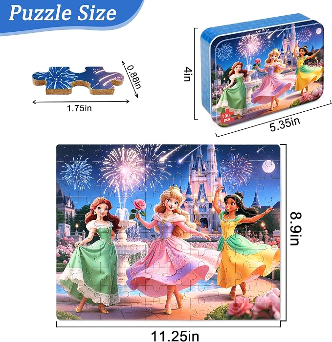 MZZOTOY Princess Puzzle for Kids Ages 4-8, 100 Pieces Jigsaw Puzzles for Kids Ages 3-5， Learning Educational Puzzles Toys Great Gift for Boys Girls in a Metal Box