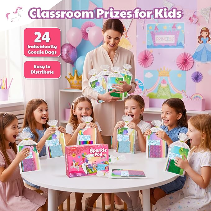 JoyCat 24 Pack Foil Art Craft Party Favors,No Mess Arts and Crafts for Kids,Goodie Bag Stuffers,DIY Creative Activity, Birthday Present for Girls Boys 4 5 6 7 8 9 Years Old(Unicorn)