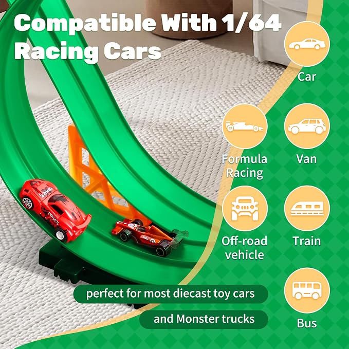 MINDNOOK 16 Ft Flexible Race Car Track Set for Kids, Portable Roll-Up Racetrack with 4 Cars & Suction Cups, Compatible with 1:64 Diecast Toy Cars, Gift for Boys & Girls Ages 4-12