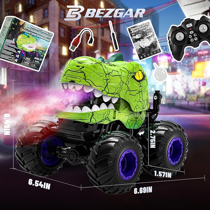 BEZGAR Monster Truck Toys - Remote Control Monster Truck with Spray, Light, Music, Dinosaur Toys for Kids, 1:20 Scale RC Truck with 360° Spins and Drifting, Remote Control Car for Boys 4-7 Green