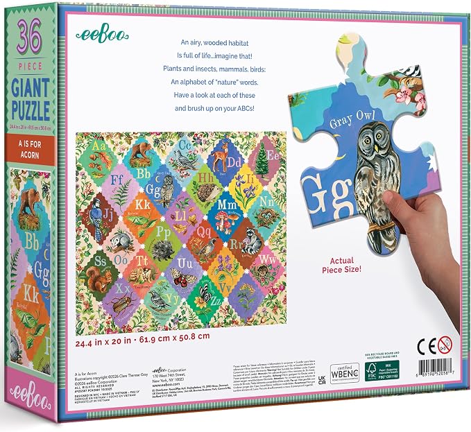 eeBoo 36 Piece Giant Floor Puzzle - A is for Acorn Children's Puzzle Alphabet & Animal Themed, Large Pieces for Small Hands to Develop Motor Skills