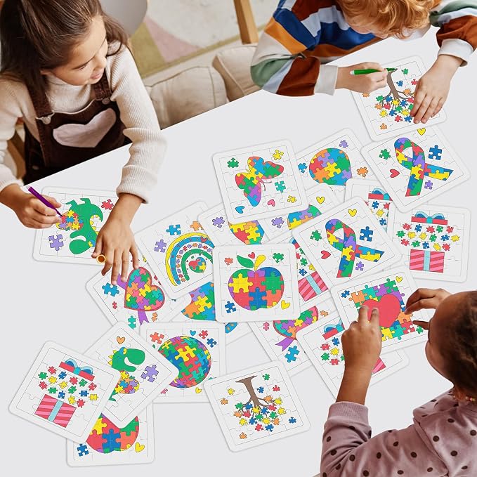 Cinrobiye 24-Pcs Autism Awareness Coloring Puzzle Kit Bulk Gifts – DIY Ribbon Puzzle Pieces with Color Pens for Teens & Adults, Autism Awareness Month Activities, School & Party Supplies