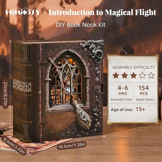 MiniCity DIY Book Nook Kits for Adults, Miniature Dollhouse Booknook Kit, 3D Wooden Puzzle Creative Decorative Bookends Bookshelf Diorama Insert Crafts Hobbies Gifts (Introduction to Magical Flight)