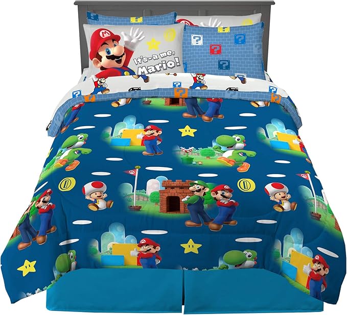 Super Mario Kids Bedding Set, Full Size 7 Piece Comforter and Sheet Set with Sham, (Officially Licensed Product) by Franco
