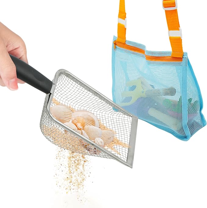 4E's Novelty Shark Tooth Sifter for Beach with Small Mesh Beach Bag for Shell Collecting, Metal Sand Scoop for Picking Up Shells - Beach Toys for Kids (1 Set)